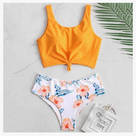 Zaful Medium Orange White Flower Floral Bikini Bathing Suit Swimsuit Two Piece - Picture 1 of 2